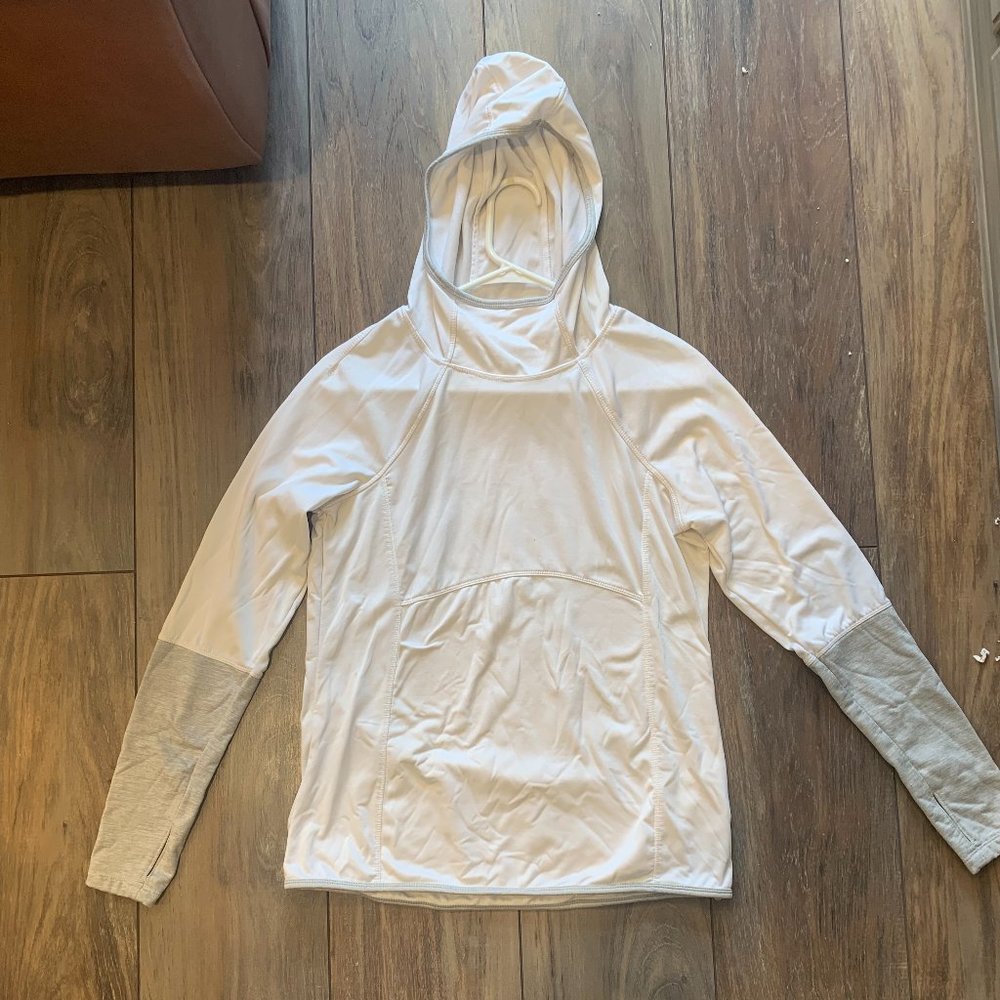 white and gray running sweatshirt